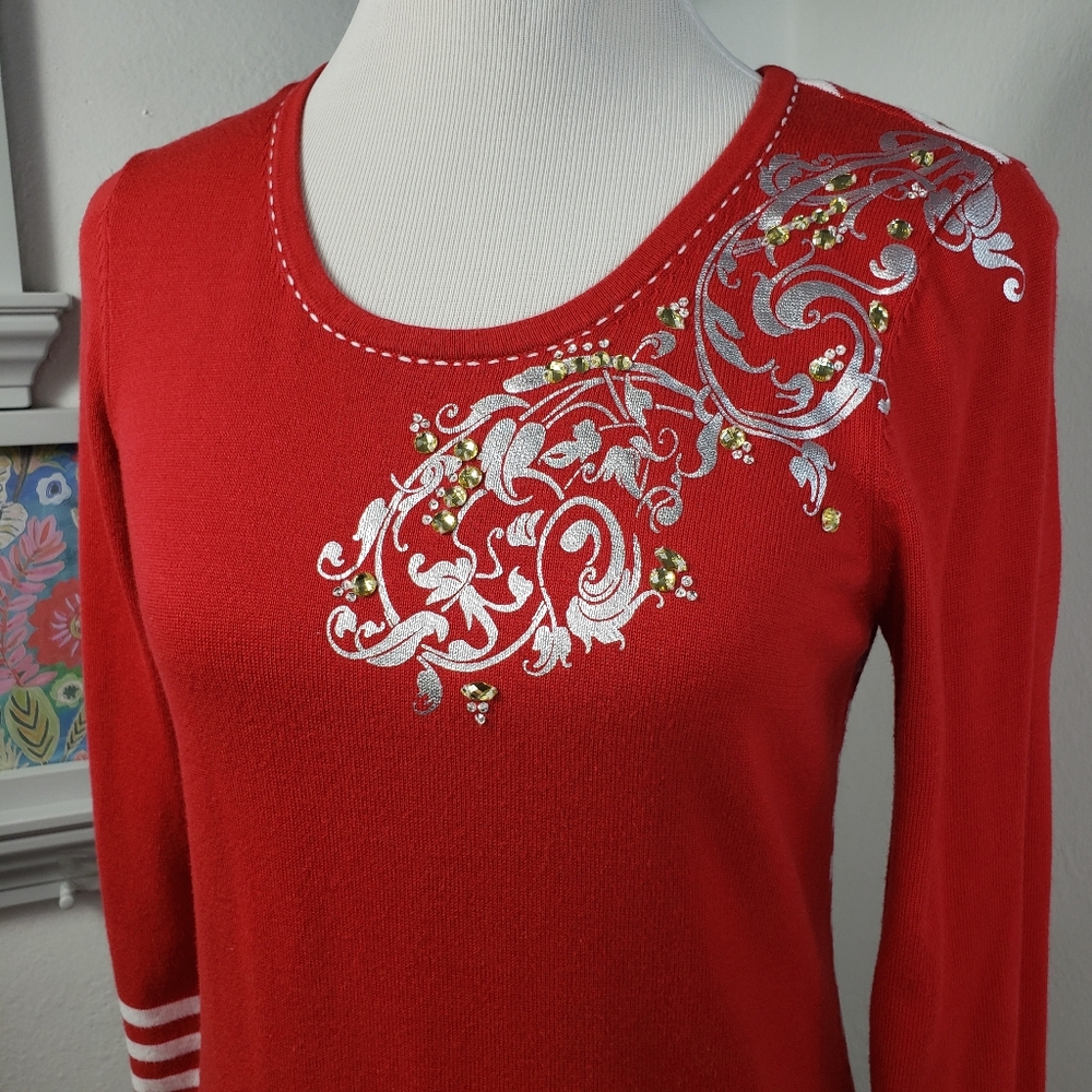 Peter Nygard Christmas Red White Stripe Silver Holiday Top Tunic sz Small